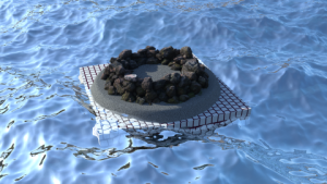 a circle of rocks on a square platform, in the middle of water, waves, daylight