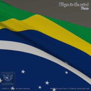 closeup of a brazilian flag waving, colors green, yellow, blue, white