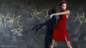 woman dressed in red, in front of a street wall, makeup face, tied hair