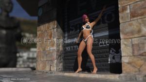 young girl wearing bikini, pink hair, standing against a street wall, looking to screen right