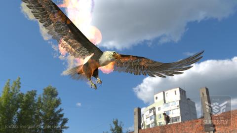 eagle with fire effect overlay, flight to screen right, with blue sky in background.