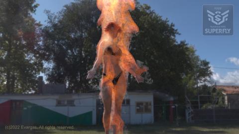 woman in day time, with a flame special effect over her body.