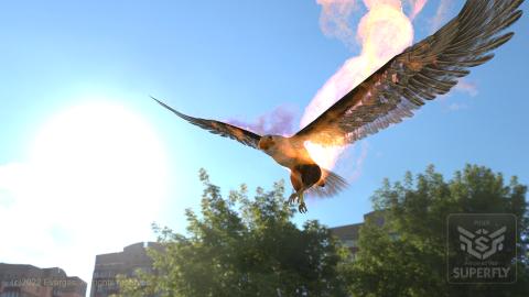 eagle with fire effect overlay, flight to screen left, with blue sky in background.