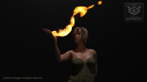 woman in the dark, looking to screen left, holding a fireball in her hand.