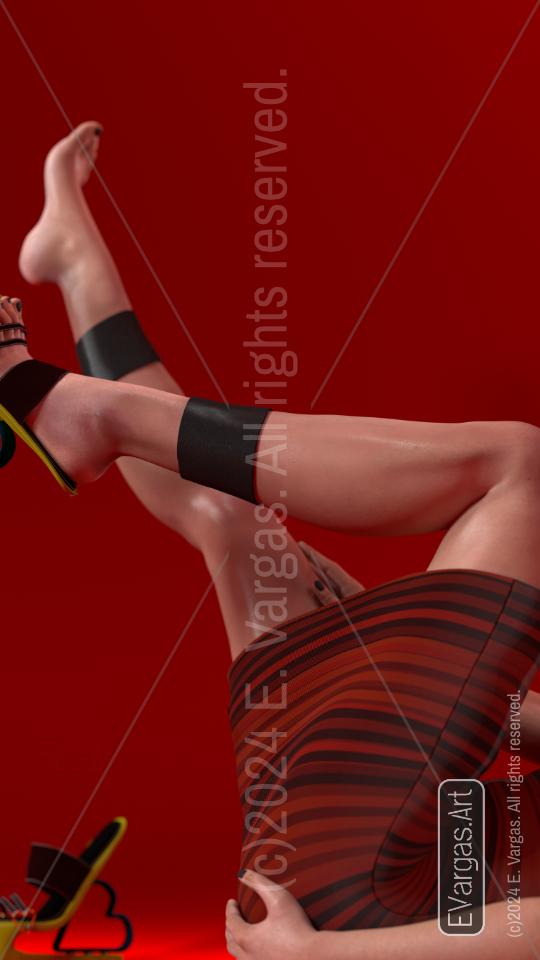 legs in the air, girl poses showing off her striped dress, wearing high heels, red backdrop