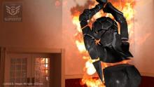 broken statue at ball room, fire burning at the background.