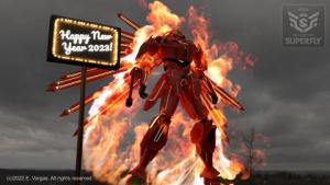 mech robot standing in front of a fire ring, letter sign on top of pole