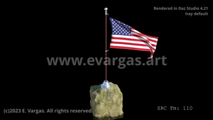 U.S. flag waving in the wind, the pole is on a rock stand