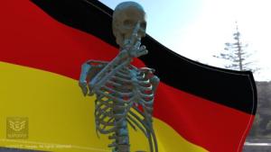 human skeleton standing in front of german flag, blue sky, daylight