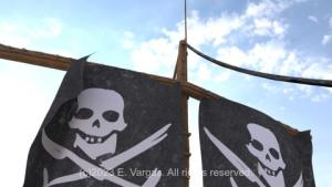 skull and bones pirate ship sailcloth seen from below, blue sky background, daylight