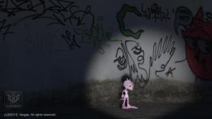 alien creature standing in front of a street wall at night, graffiti