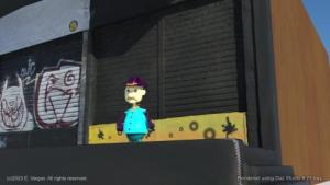 cartoon figure with hat, in front of a closed store front