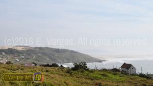 seacoast landscape seen from land, small church, daylight