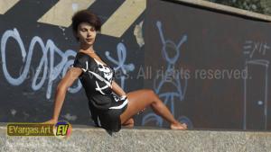 short hair girl sitting on a street wall, graffiti, dress, daylight