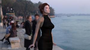 woman wearing black dress, standing, face makeup, tied hair, venice sunset