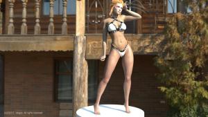 woman with tied hair, wearing bikini, standing on a white base, daylight