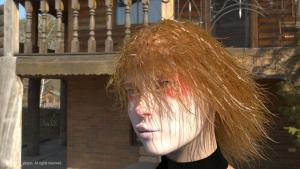 closeup of a woman, face makeup, wet hair, short hair, red hair, looking to screen left
