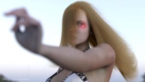 closeup of a woman, left hand next to the camera, long blond hair, face makeup, daylight
