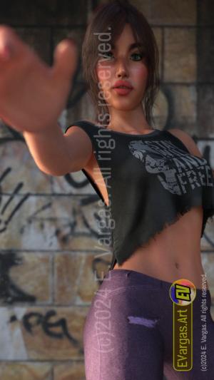 woman reaching out to the camera, street wall in background, belly showing, wearing pants, camera depth of field, daylight, outdoors