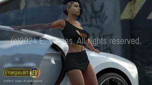 woman standing near a white sports car, half shaved hair, tattoo, street wall in the background, daylight, outdoors, at the parking lot.