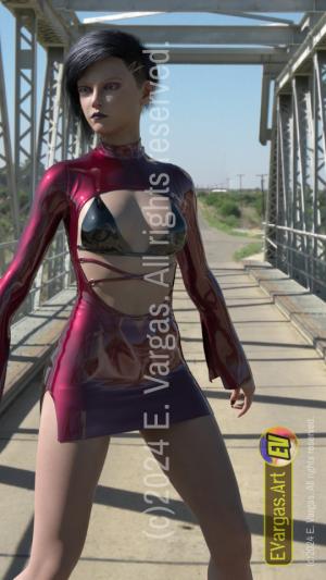standing woman, short hair, long sleeves, wearing boots, short skirt, in the middle of a bridge, daylight