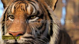 closeup of a tiger, looking to screen left, in the forest, daylight, outdoor