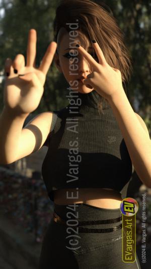 asian girl with short hair, standing in a park, sunlight, looking at the camera, hands making a v sign