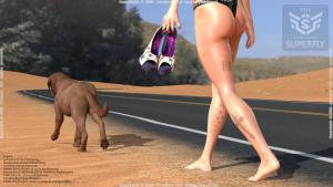 girl in bikini walking with a dog on the side of the road