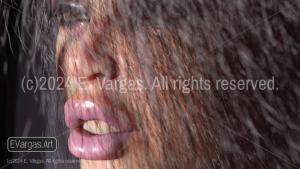 close-up of a dark-haired woman, juicy lips, makeup, tattoo, hair strands