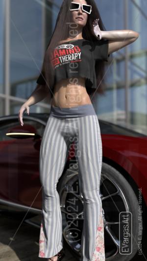 woman standing outdoors staring at the sun, wearing sunglasses, flare leggings, in front of sports car