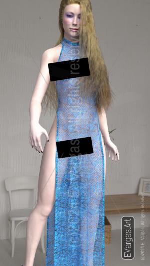 blond doll, white skin, wearing transparent blue dress, high heels, indoors, good light, long hair, sexy, sassy