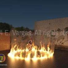 a ring shaped fire burning on the floor, a broken statue standing in the middle, street walls in the background, night, outdoors