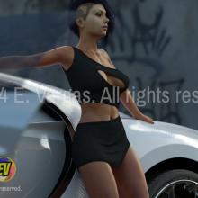 woman standing near a white sports car, half shaved hair, tattoo, street wall in the background, daylight, outdoors, at the parking lot.