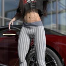 woman standing outdoors staring at the sun, wearing sunglasses, flare leggings, in front of sports car
