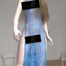 blond doll, white skin, wearing transparent blue dress, high heels, indoors, good light, long hair, sexy, sassy